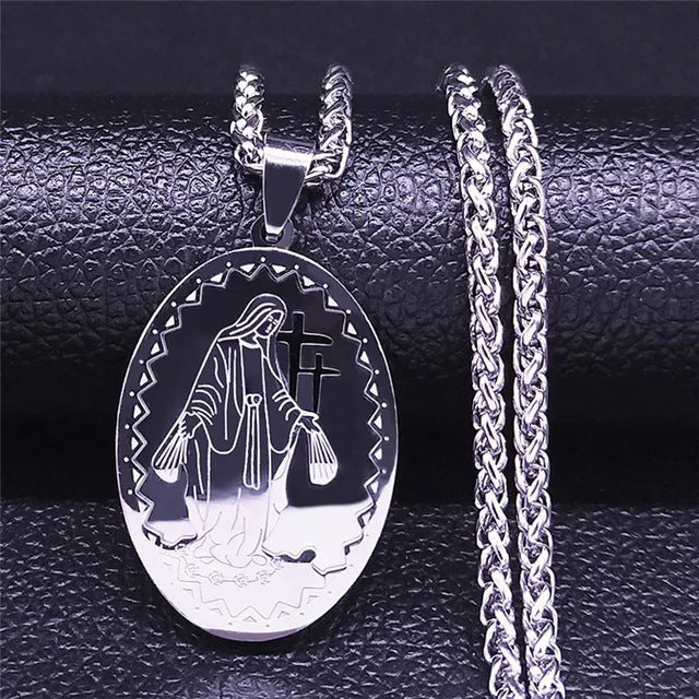 Vintage Square Medal Necklace with Virgin Mary Prayer