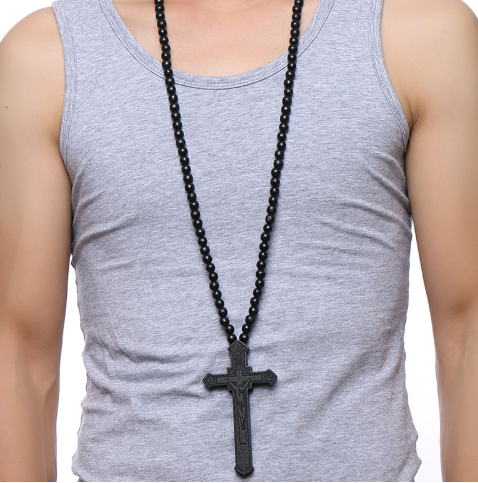 Wooden Bead Necklace with Cross Pendant