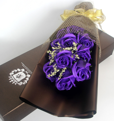 11 Preserved Soap Rose Flowers Gift Box in Blue Purple