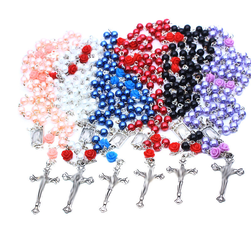 Cross-Border Pearl Rose Bead Necklace with Cross