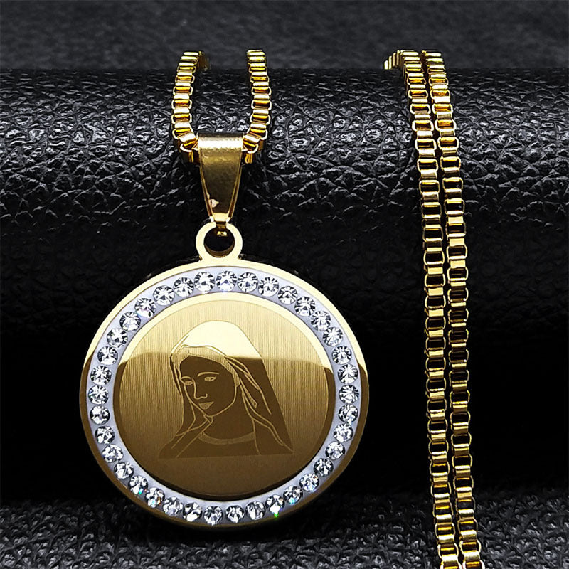 Vintage Stainless Steel Mary Pendant Necklace for Women