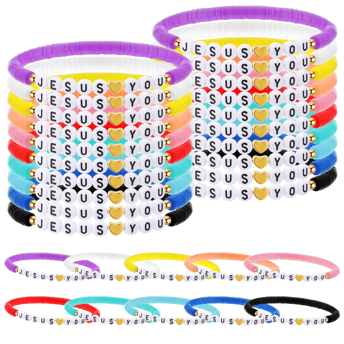Landical 30 Pcs Jesus Loves You Bracelets Bulk Friendship Bracelets Clay Bead Christian Bracelets for Valentine Kids Religious Jesus Loves You Wristbands(Rainbow)