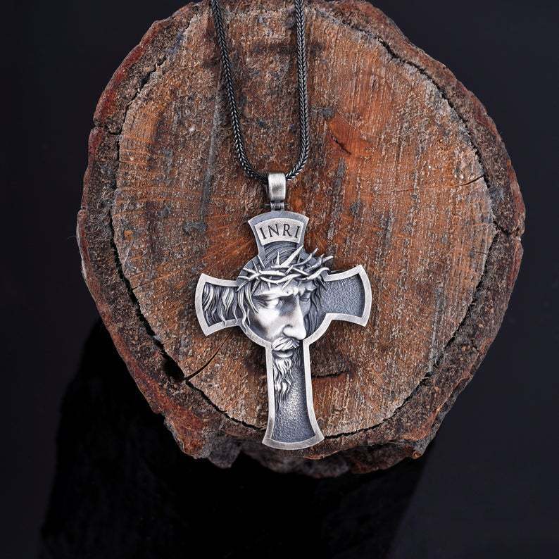 Vintage Jesus Cross Necklace with Leather Cord