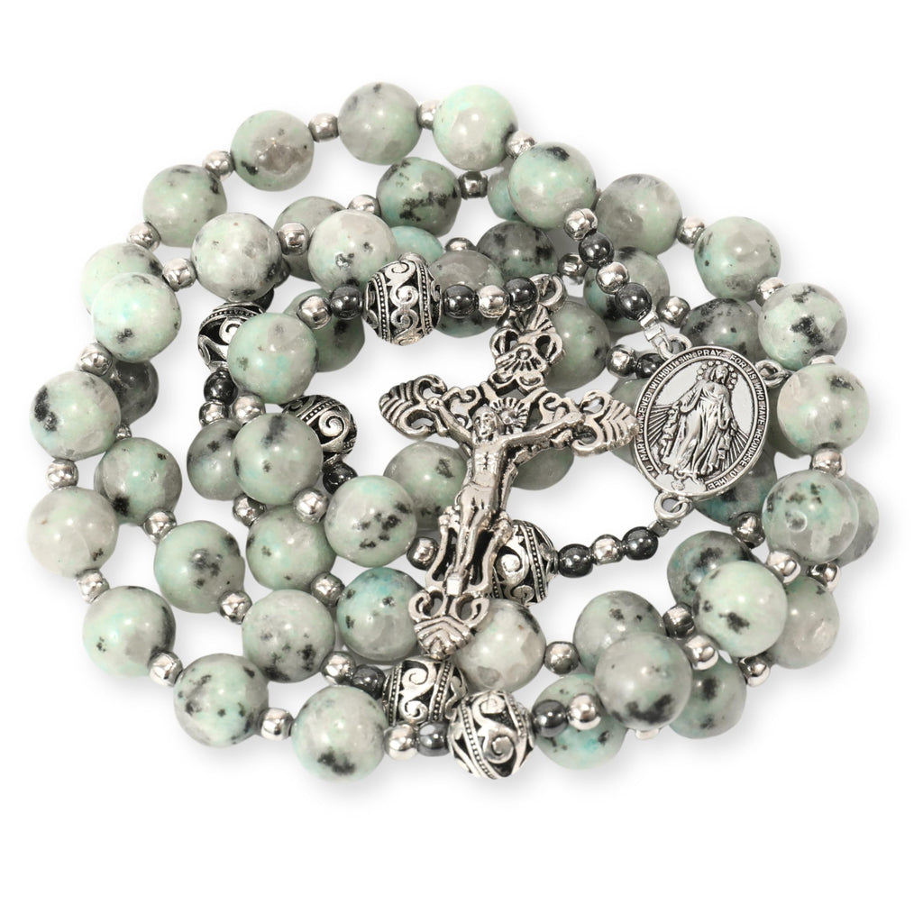 Nazareth Store Blue Dalmatian Jasper Rosary Stone Beads Necklace Metal Beaded Glory Beads Miraculous Medal & Silver Cross Crucifix For Men and Womens