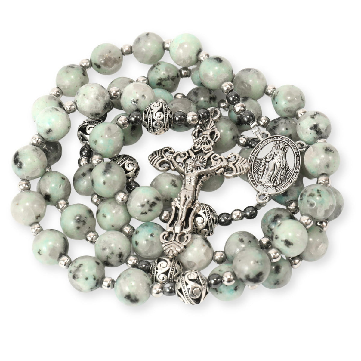 Nazareth Store Blue Dalmatian Jasper Rosary Stone Beads Necklace Metal Beaded Glory Beads Miraculous Medal & Silver Cross Crucifix For Men and Womens