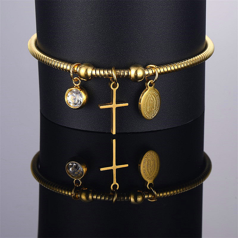 Stainless Steel Mary Bracelet with Cross and Beads