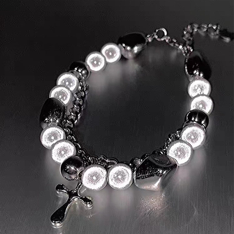Double-layer Reflective Pearl Cross Bracelet