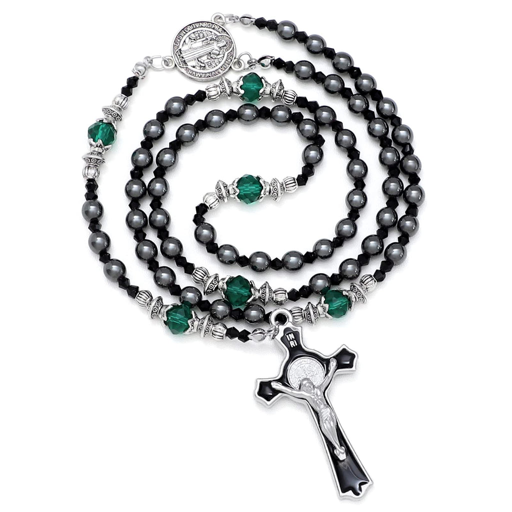 KOMI 6mm Hematite Rosary Beads Necklace for Women Men Black Stone Beads Prayer Rosary Saint Benedict Medal & Crucifix Rosary Catholic Gifts