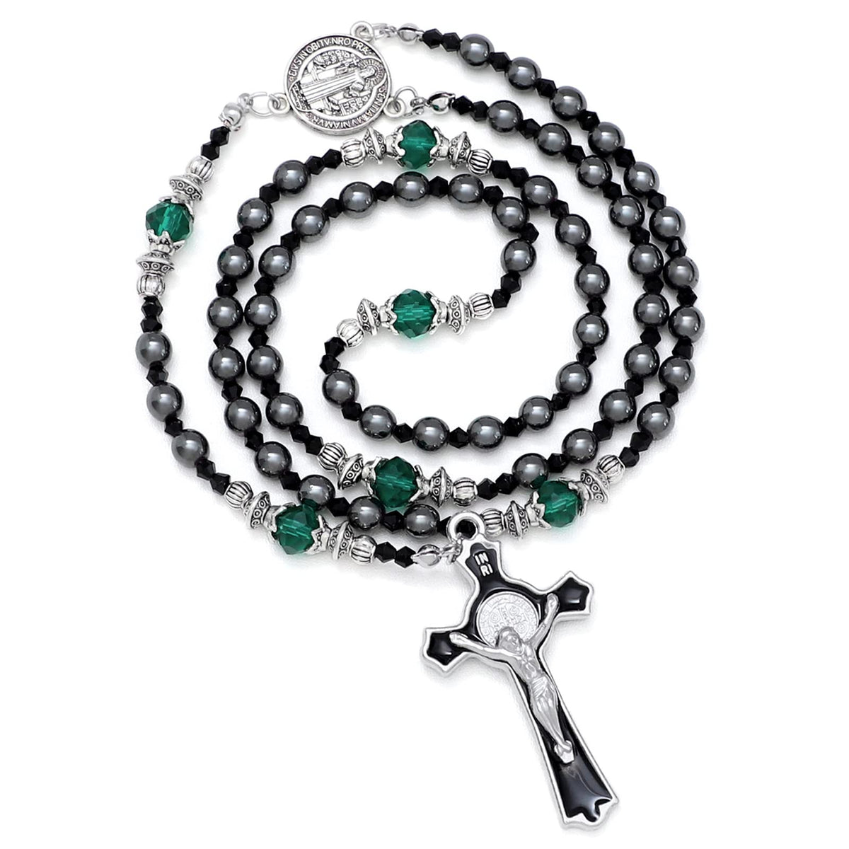 KOMI 6mm Hematite Rosary Beads Necklace for Women Men Black Stone Beads Prayer Rosary Saint Benedict Medal & Crucifix Rosary Catholic Gifts