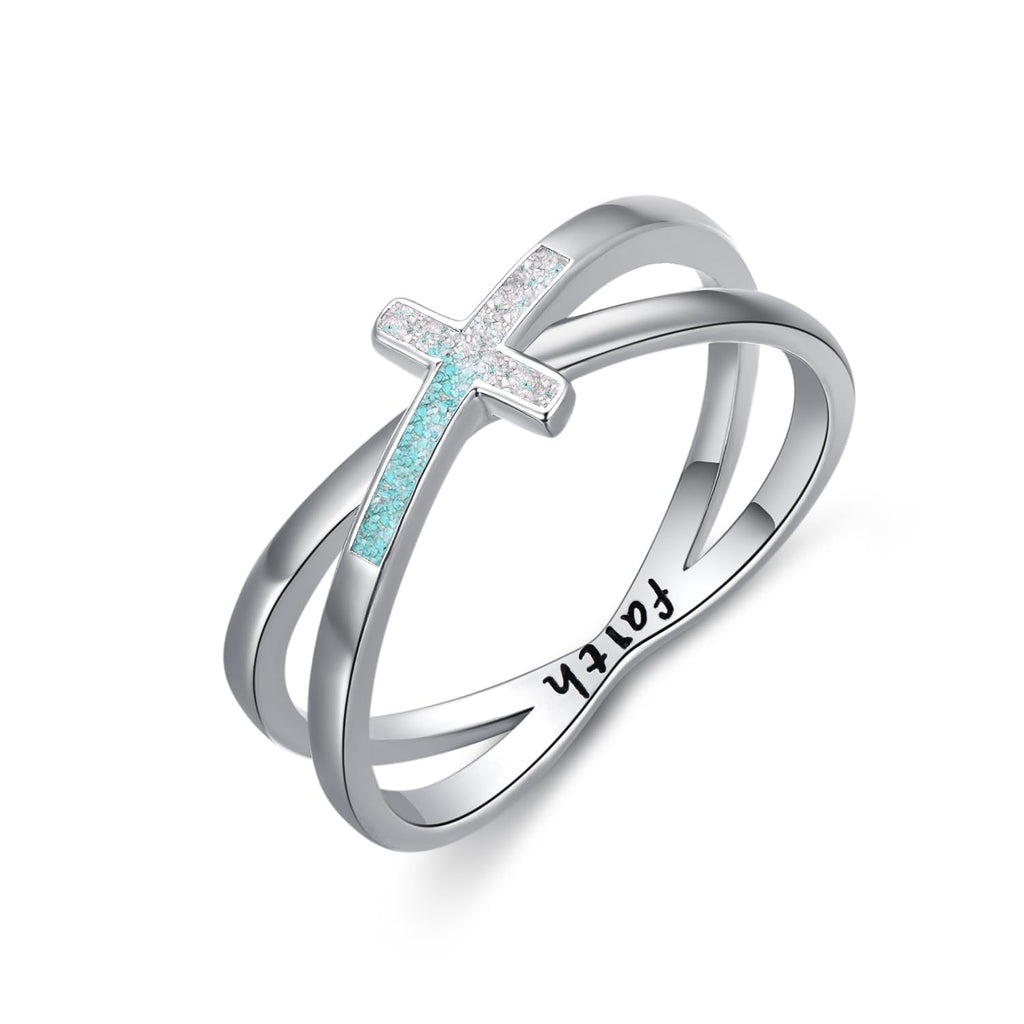 KoyeKei White Turquoise Cross Ring Faith Ring 925 Sterling Silver Christian Religious Jewelry Gifts for Women 9 Size