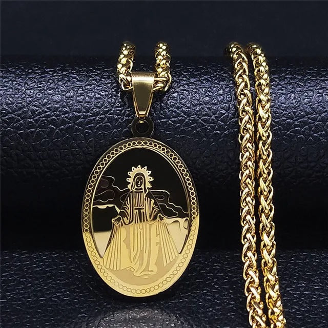 Vintage Square Medal Necklace with Virgin Mary Prayer