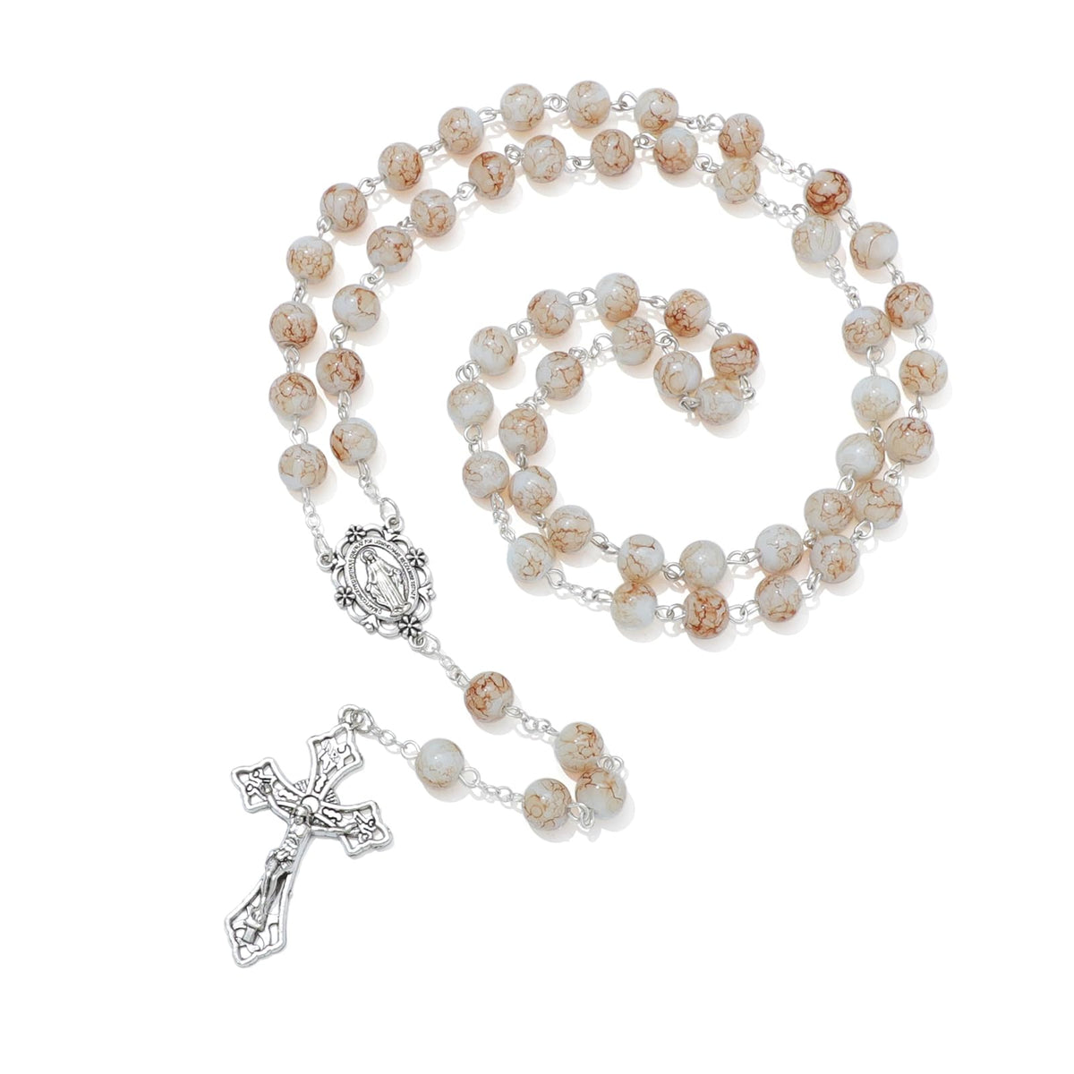 KOMI Glass Rosary Beads Necklace wtih Mary Medal and Crucifix 8MM Catholic Rosary for Women with Rosary Pouch