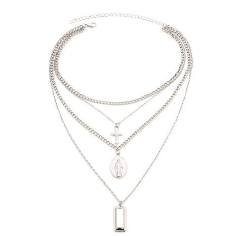 Multi-Layer Necklace with Cross and Virgin Mary Design