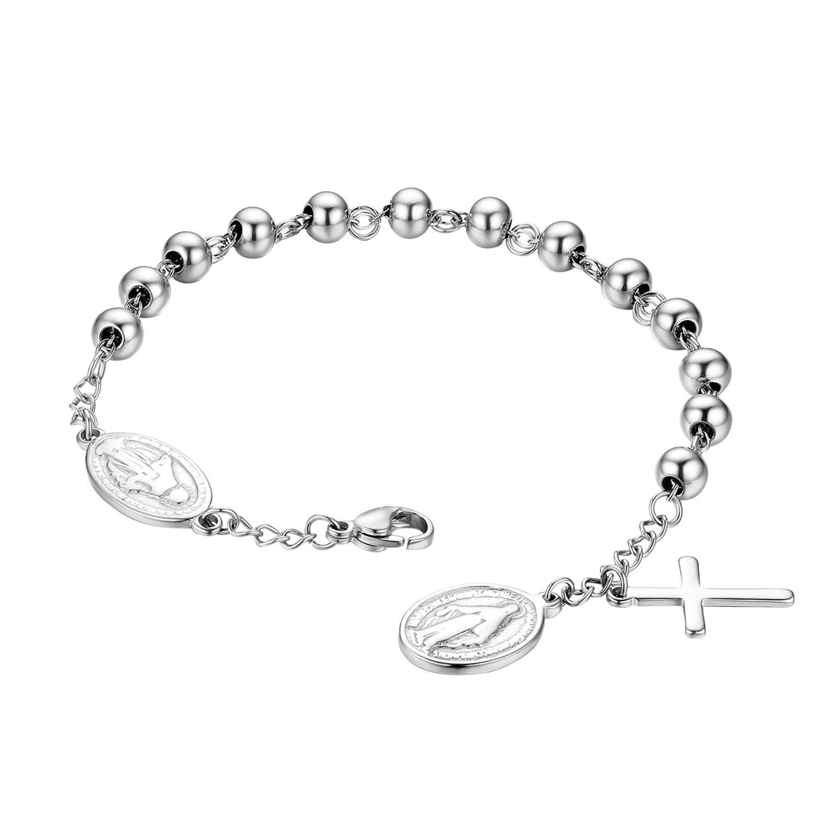 Flongo Cross Rosary Beads Bracelet Vintage Stainless Steel Jesus Christ Crucifix Cross Wristband for Men Women Christmas Wedding