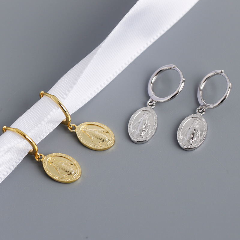 S925 Silver Earrings with Saint Mary Coin Design