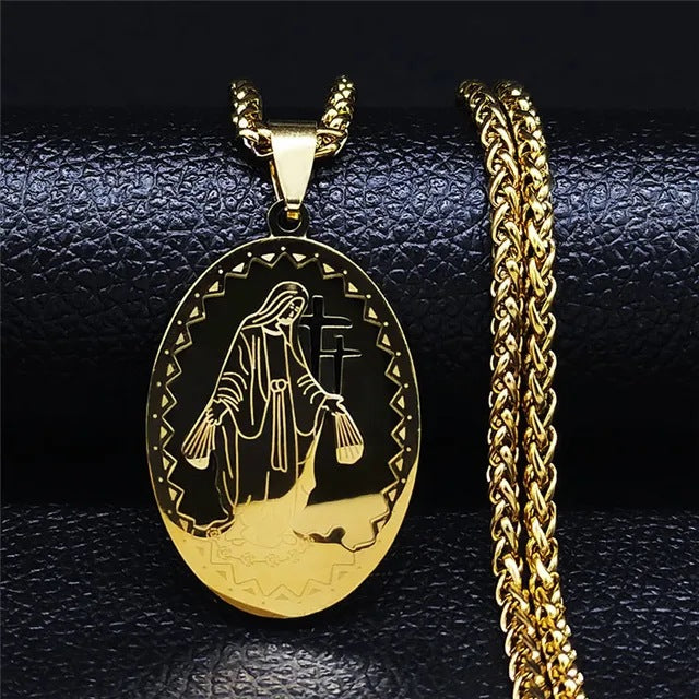 Vintage Square Medal Necklace with Virgin Mary Prayer