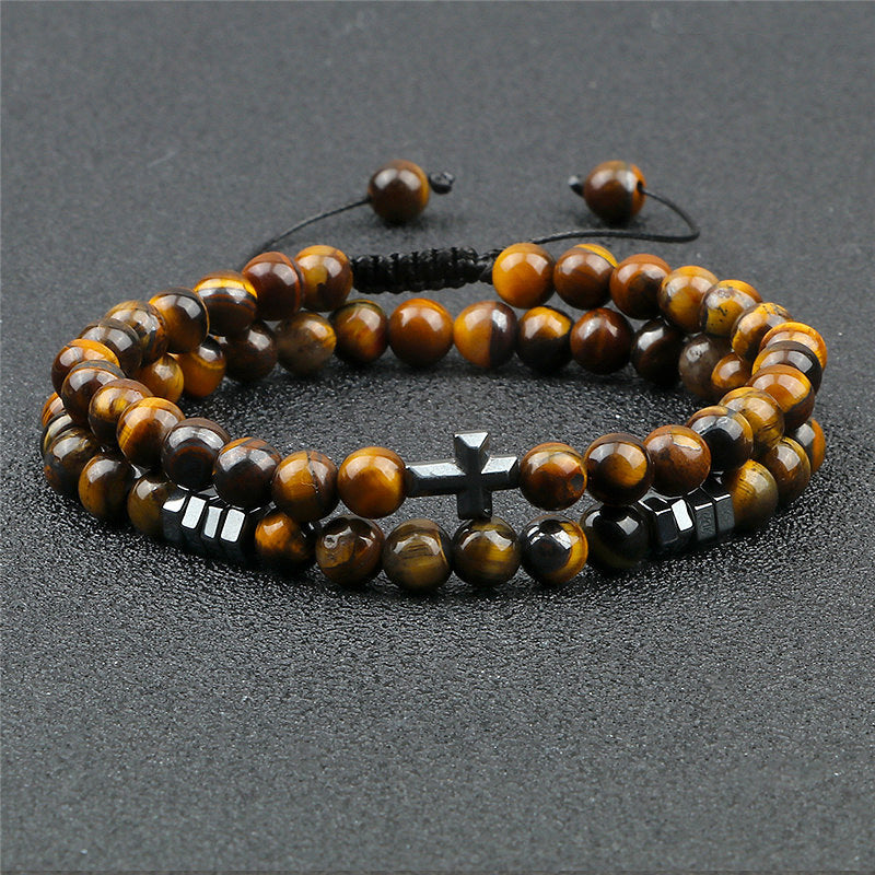Cross Pendant Tiger Eye Beaded Bracelet