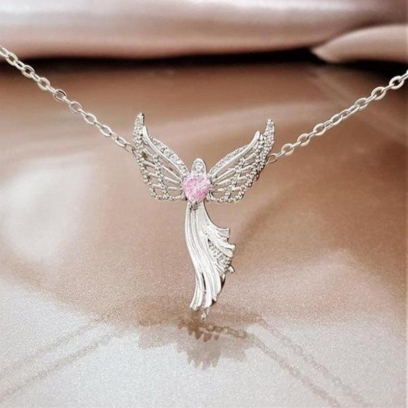 Mary Pendant with Angel Wings and Zirconia Necklace