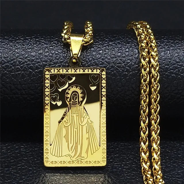 Vintage Square Medal Necklace with Virgin Mary Prayer
