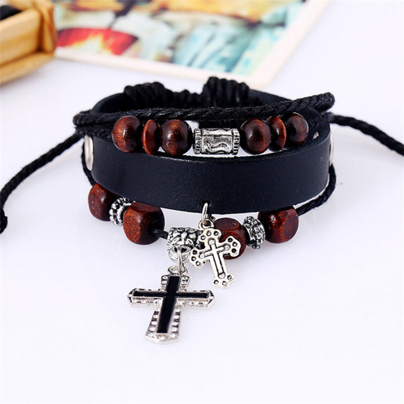 Leather Beaded Bracelet with Cross Design