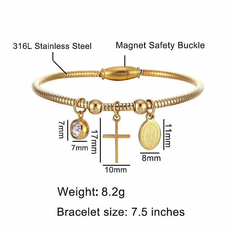 Stainless Steel Mary Bracelet with Cross and Beads