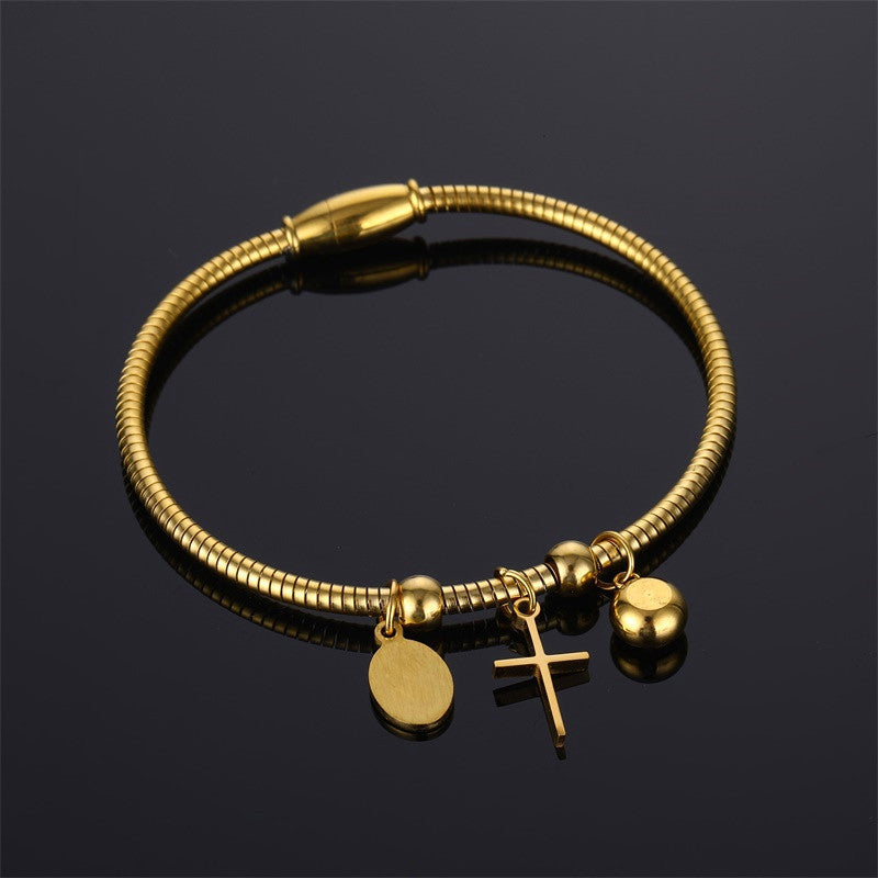 Stainless Steel Mary Bracelet with Cross and Beads